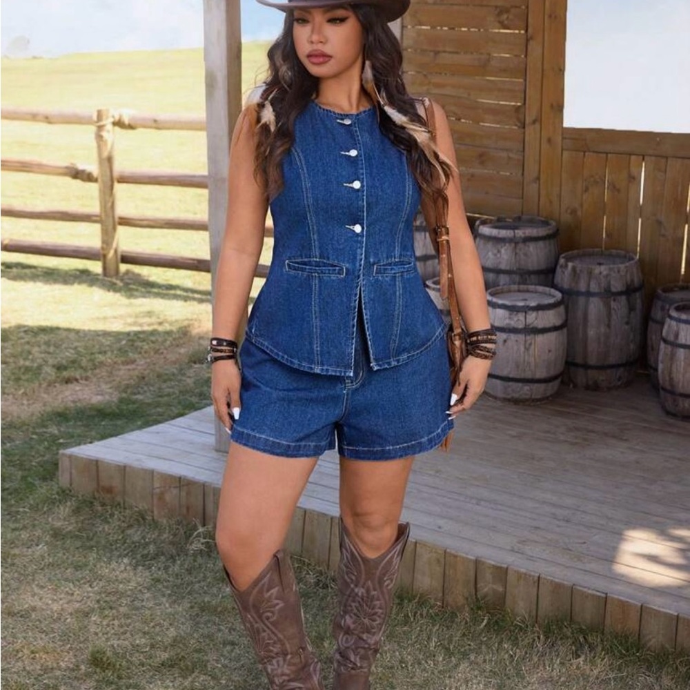 Denim Sleeveless Button-Up Set